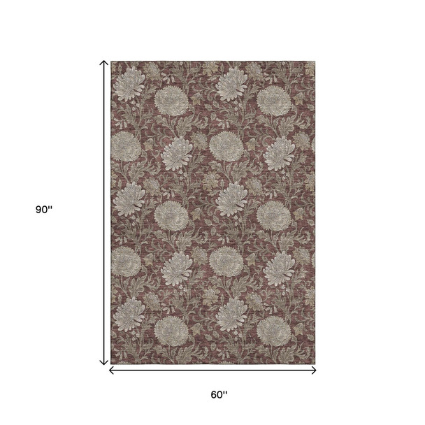 5' X 8' Merlot And Beige Floral Washable Area Rug With UV Protection