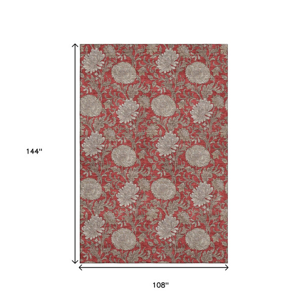 9' X 12' Red And Beige Floral Washable Area Rug With UV Protection