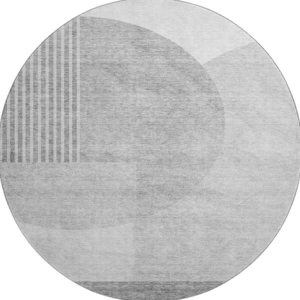 8' Gray And Silver Geometric Washable Round Rug With UV Protection