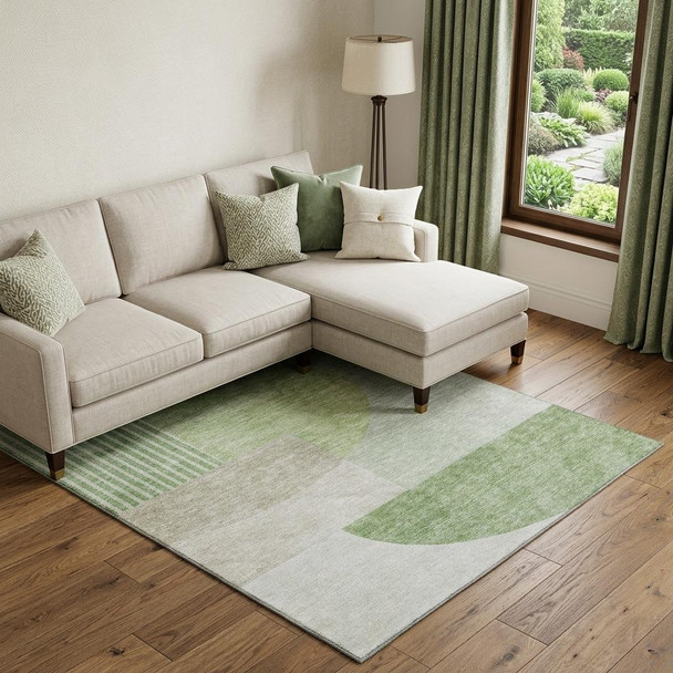 8' X 10' Olive Green And Beige Geometric Washable Area Rug With UV Protection