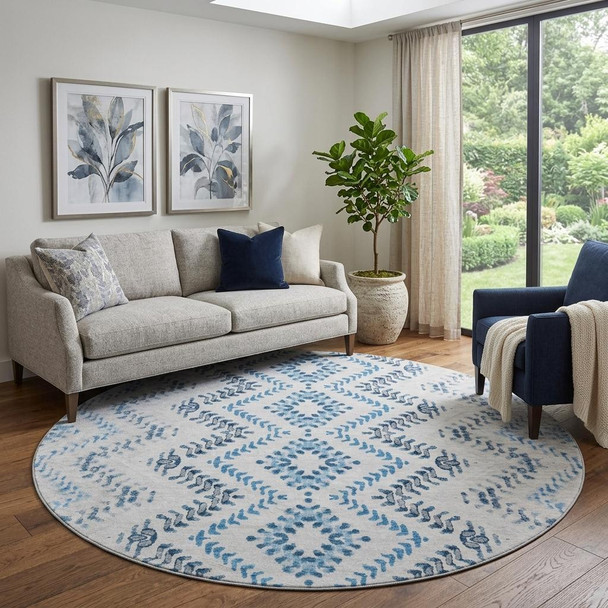 8' Blue And Ivory Geometric Washable Round Rug With UV Protection