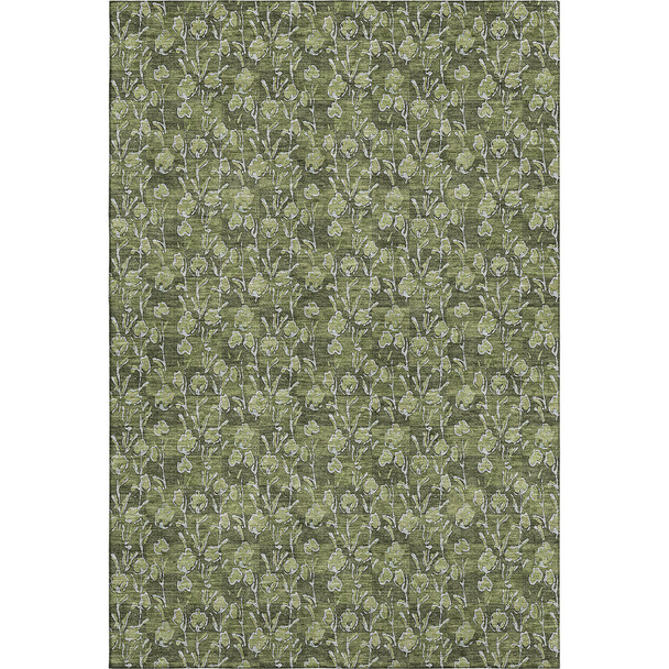 5' X 8' Olive Green And Ivory Floral Washable Area Rug With UV Protection