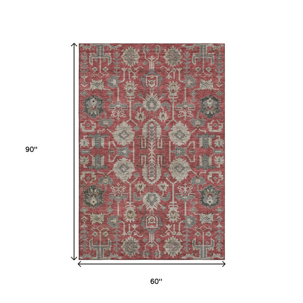 5' X 8' Red Beige And Charcoal Oriental Washable Area Rug With UV Protection