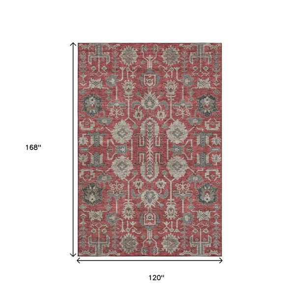 10' X 14' Red Beige And Charcoal Oriental Washable Area Rug With UV Protection