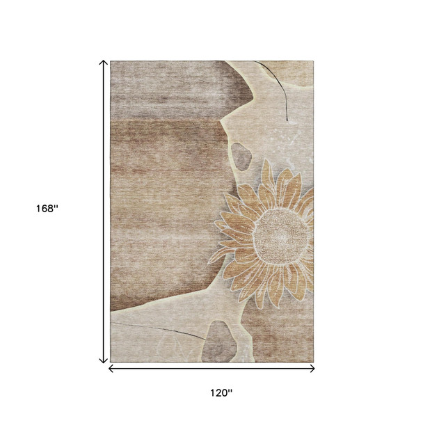 10' X 14' Brown And Beige Floral Washable Area Rug With UV Protection