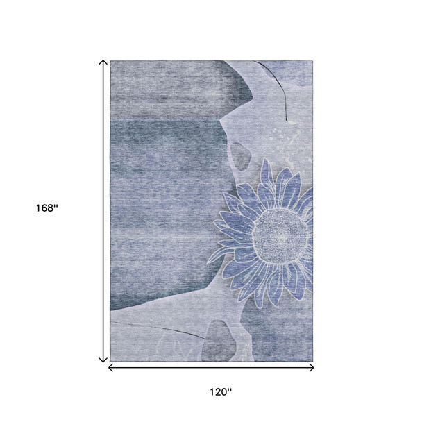 10' X 14' Blue And Ivory Floral Washable Area Rug With UV Protection