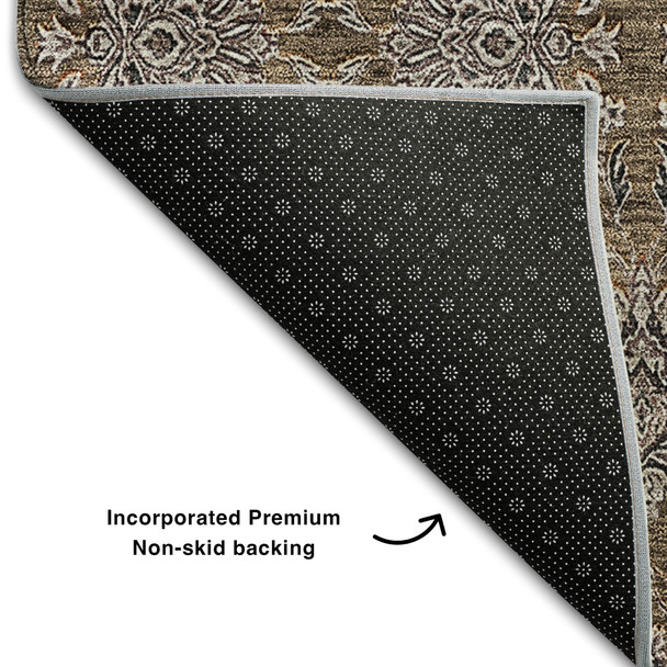 10' X 14' Chocolate Gray And Charcoal Floral Washable Area Rug With UV Protection