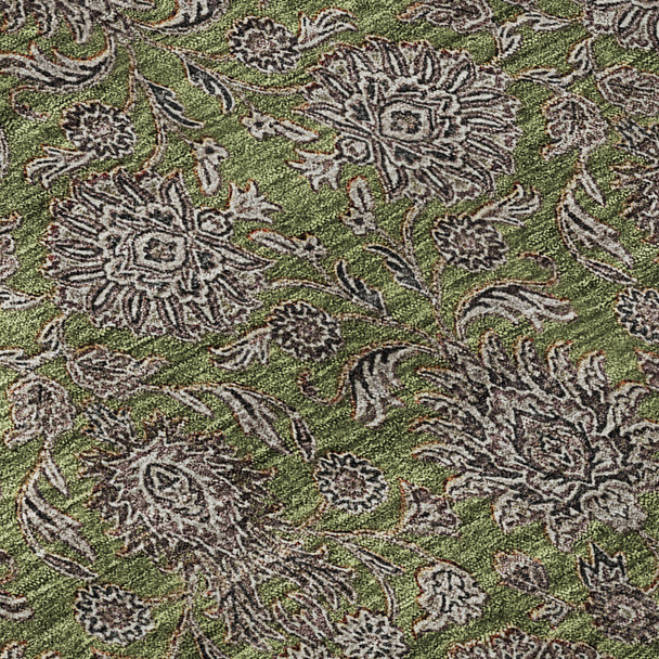 9' X 12' Olive Green And Beige Floral Washable Area Rug With UV Protection