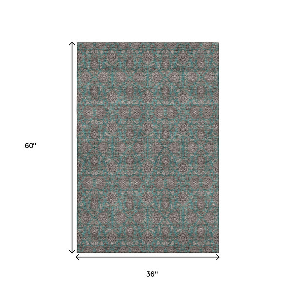 3' X 5' Teal And Beige Floral Washable Area Rug With UV Protection