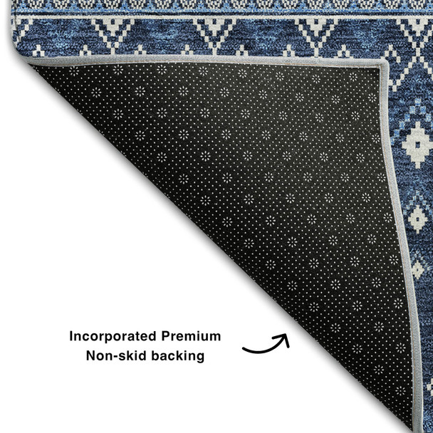 5' X 8' Navy Blue And Ivory Tribal Washable Area Rug With UV Protection