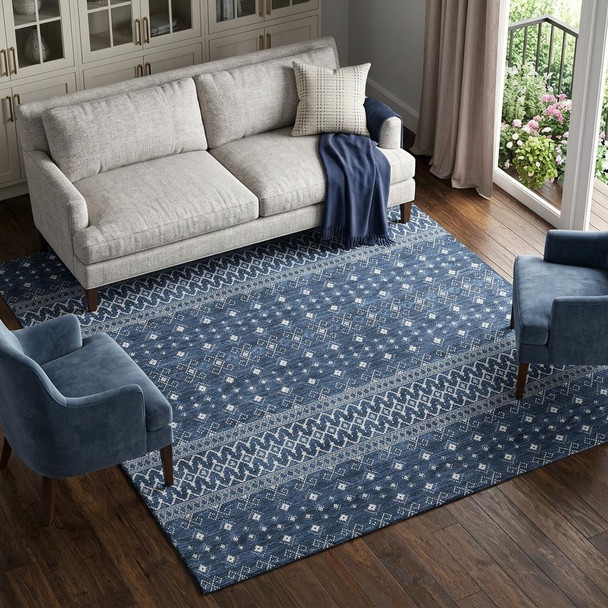 10' X 14' Navy Blue And Ivory Tribal Washable Area Rug With UV Protection