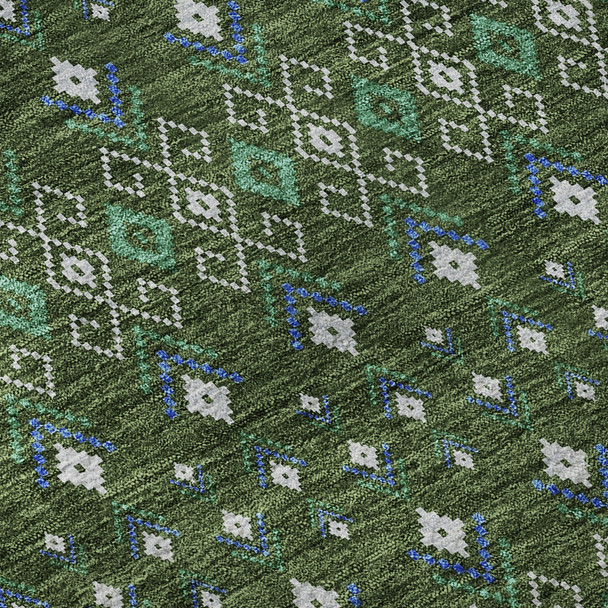 5' X 8' Olive Green Blue And Ivory Tribal Washable Area Rug With UV Protection