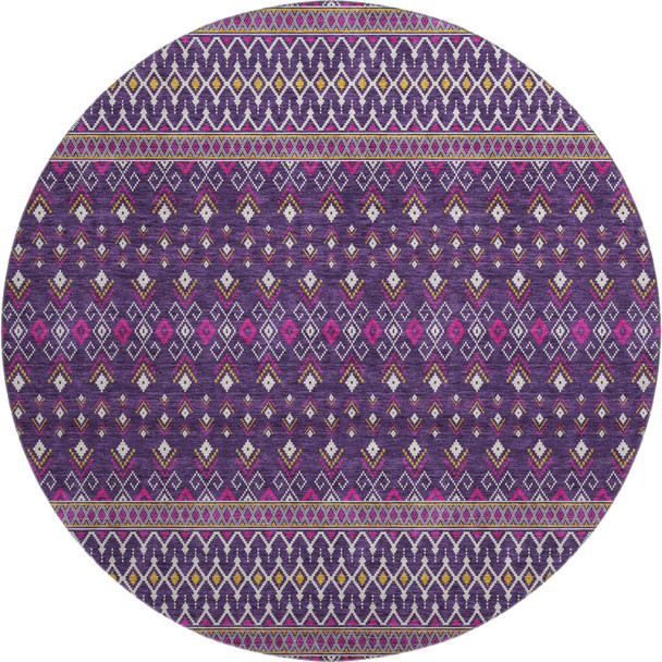 8' Purple And Yellow Tribal Washable Round Rug With UV Protection