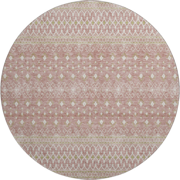 8' Blush And Ivory Tribal Washable Round Rug With UV Protection