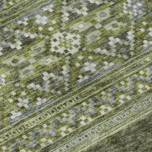 3' X 5' Olive Green Gray And Ivory Southwestern Washable Area Rug With UV Protection