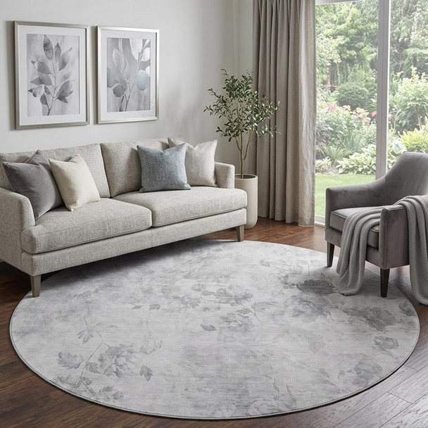 8' Gray And Silver Floral Washable Round Rug With UV Protection