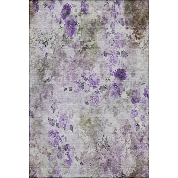 5' X 8' Purple Gray And Ivory Floral Washable Area Rug With UV Protection