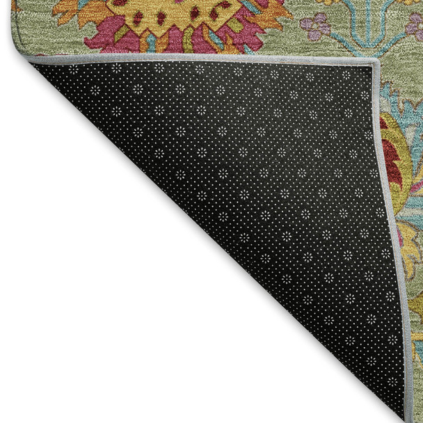3' X 5' Artichoke Green Gold And Pink Damask Washable Indoor Outdoor Area Rug
