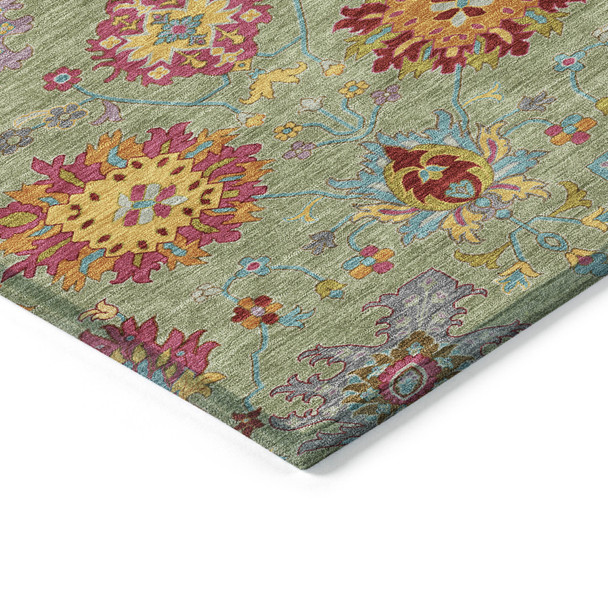 9' X 12' Artichoke Green Gold And Pink Damask Washable Indoor Outdoor Area Rug