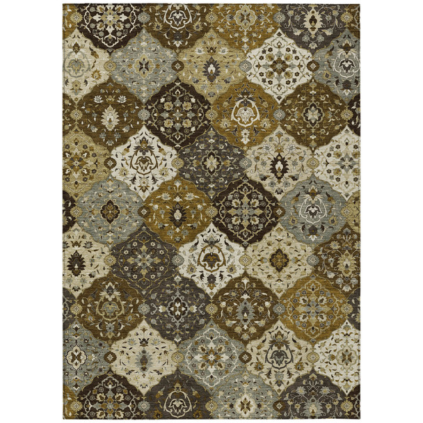 8' X 10' Brown Gray And Gold Floral Medallion Washable Indoor Outdoor Area Rug