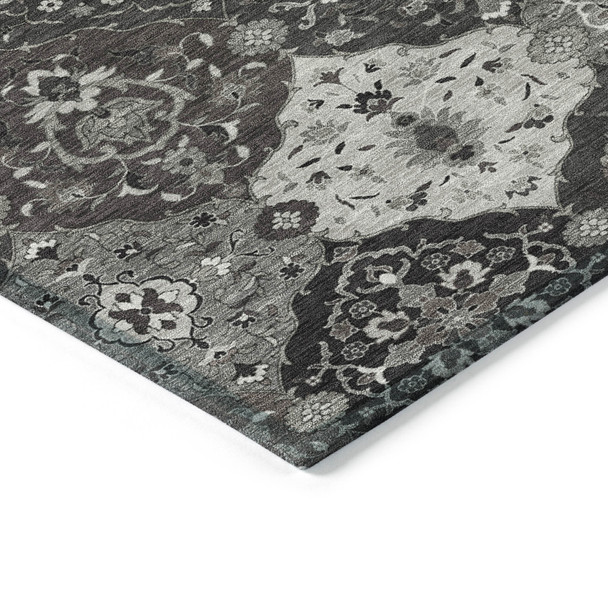 8' Gray Charcoal And Ivory Round Floral Medallion Washable Indoor Outdoor Area Rug