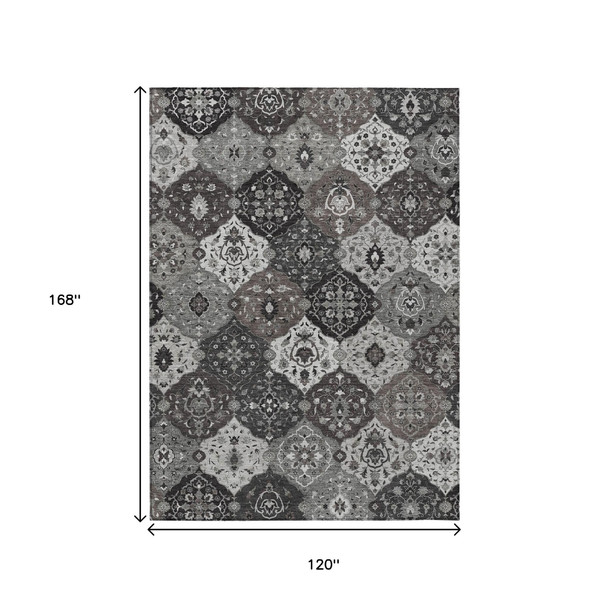 10' X 14' Gray Charcoal And Ivory Floral Medallion Washable Indoor Outdoor Area Rug