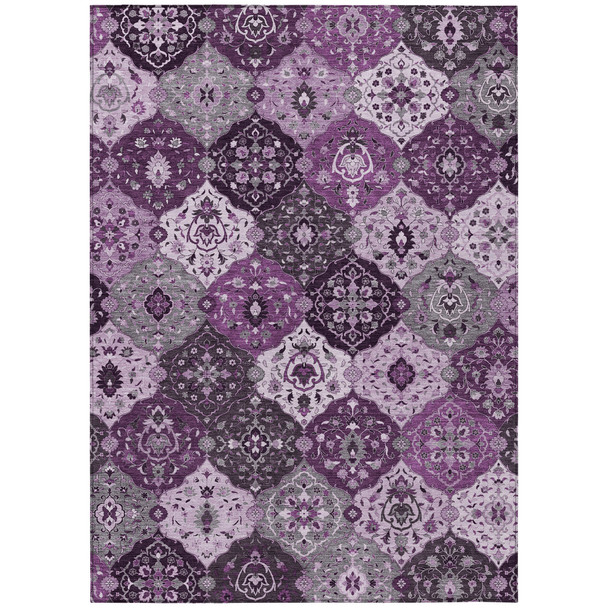 5' X 8' Purple And Ivory Floral Medallion Washable Indoor Outdoor Area Rug