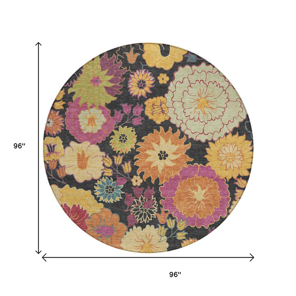 8' Black Gold And Pink Round Floral Washable Indoor Outdoor Area Rug