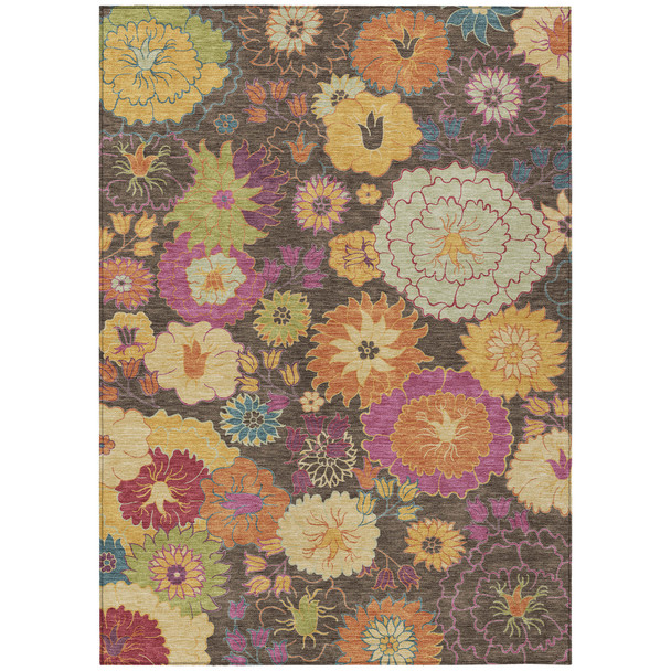 9' X 12' Chocolate Gold And Pink Floral Washable Indoor Outdoor Area Rug