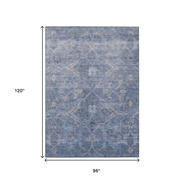 8' X 10' Blue And Gray Floral Washable Indoor Outdoor Area Rug