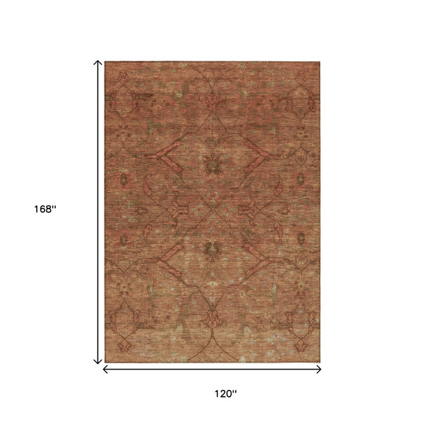 10' X 14' Terra Cotta And Taupe Floral Washable Indoor Outdoor Area Rug