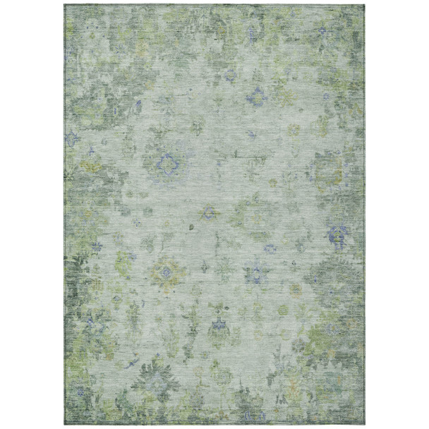 9' X 12' Artichoke Green And Blue Floral Washable Indoor Outdoor Area Rug