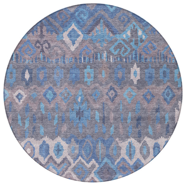 8' Blue Gray And Ivory Round Geometric Washable Indoor Outdoor Area Rug