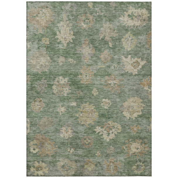 3' X 5' Fern Green And Beige Floral Washable Indoor Outdoor Area Rug