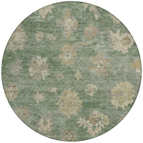 8' Fern Green And Beige Round Floral Washable Indoor Outdoor Area Rug
