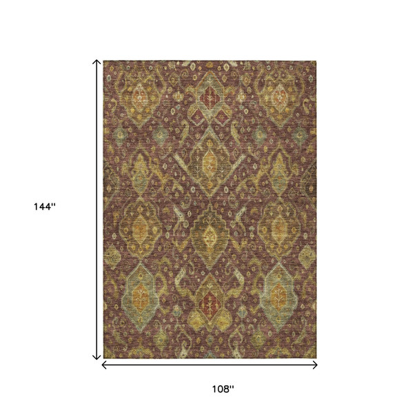9' X 12' Burgundy Gold And Copper Ikat Washable Indoor Outdoor Area Rug