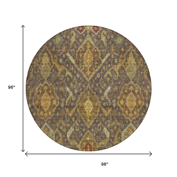 8' Chocolate Gold And Burgundy Round Ikat Washable Indoor Outdoor Area Rug