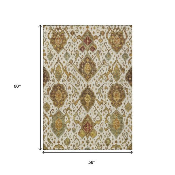 3' X 5' Ivory Brown And Gold Ikat Washable Indoor Outdoor Area Rug