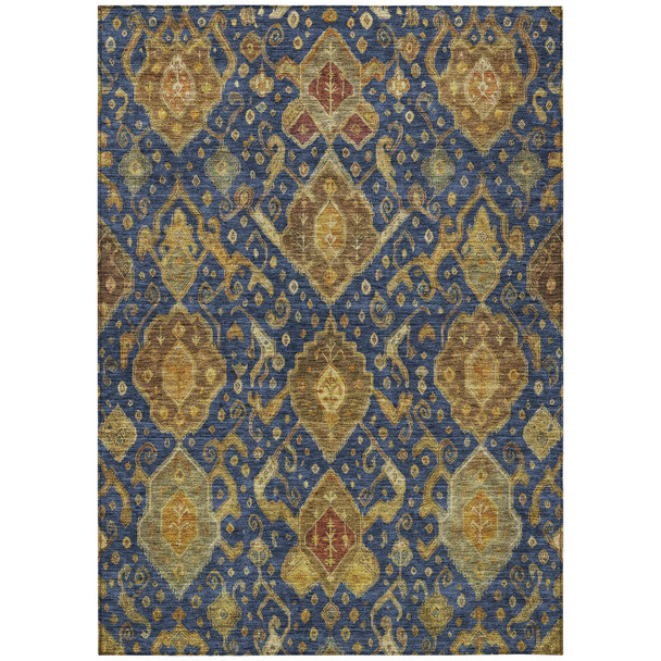 3' X 5' Navy Blue And Gold Ikat Washable Indoor Outdoor Area Rug