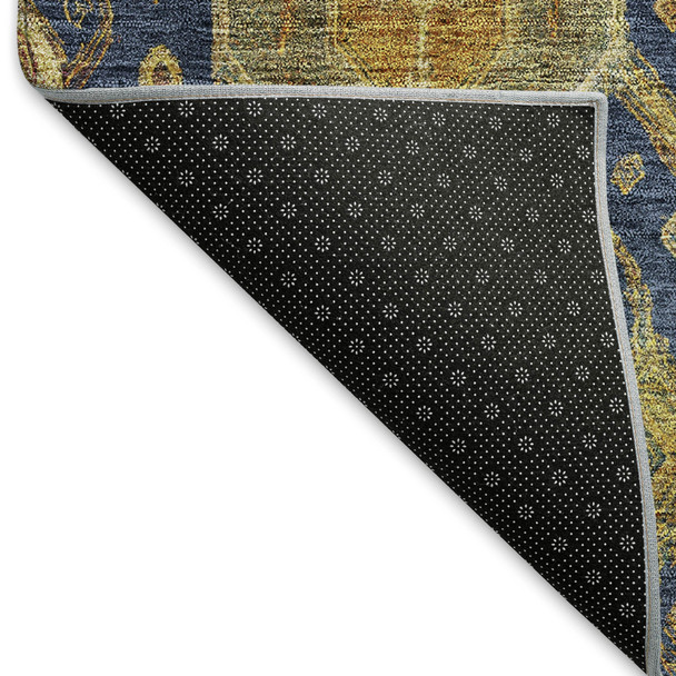 5' X 8' Navy Blue And Gold Ikat Washable Indoor Outdoor Area Rug