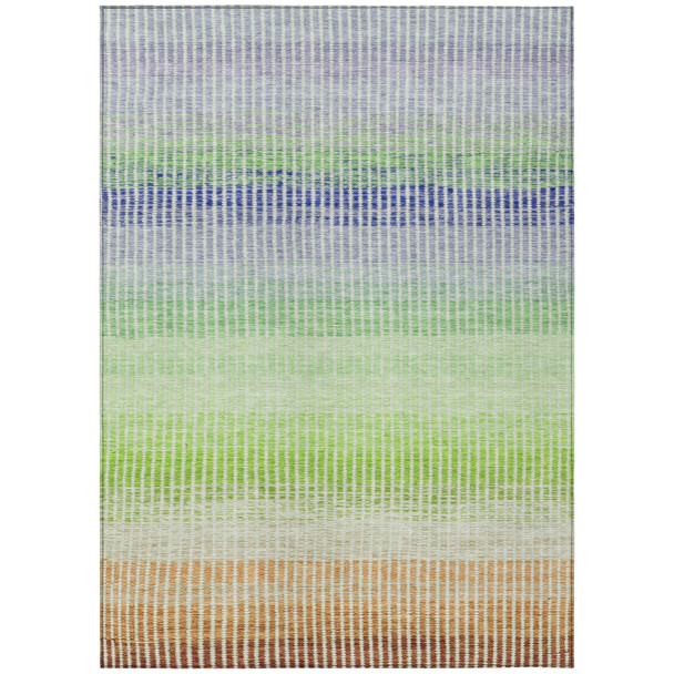 9' X 12' Orange Green And Blue Striped Washable Indoor Outdoor Area Rug