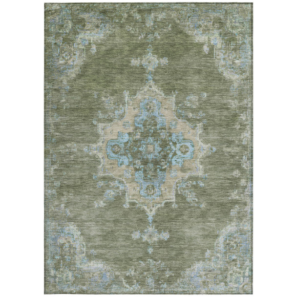 8' X 10' Fern Green And Blue Medallion Washable Indoor Outdoor Area Rug
