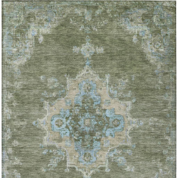 10' X 14' Fern Green And Blue Medallion Washable Indoor Outdoor Area Rug