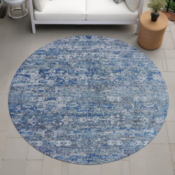 8' Denim Blue And Ivory Round Ikat Washable Indoor Outdoor Area Rug