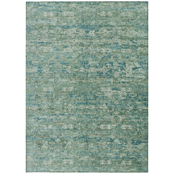 5' X 8' Teal Blue And Ivory Ikat Washable Indoor Outdoor Area Rug