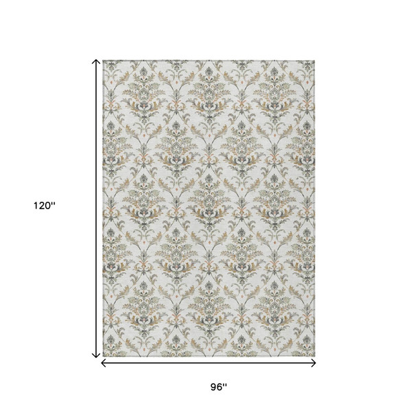 8' X 10' Ivory Copper And Gray Damask Washable Indoor Outdoor Area Rug