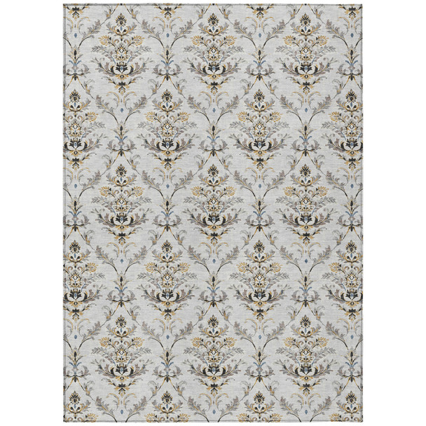 9' X 12' Silver Blue And Gray Damask Washable Indoor Outdoor Area Rug