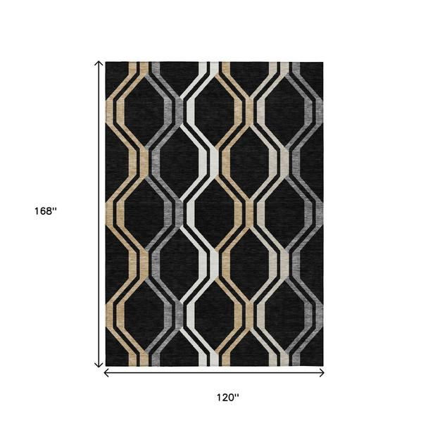 10' X 14' Black Beige And Gray Geometric Washable Indoor Outdoor Area Rug