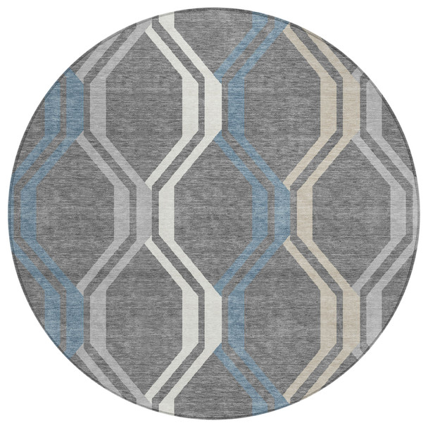 8' Gray Blue And Ivory Round Geometric Washable Indoor Outdoor Area Rug