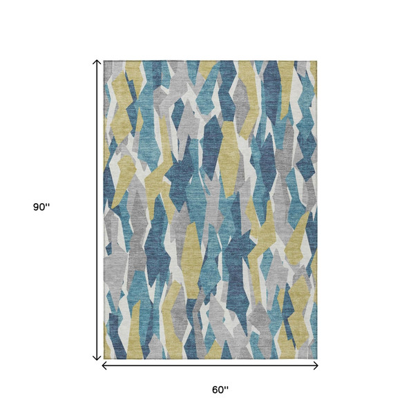 5' X 8' Teal Blue Yellow And Ivory Striped Washable Indoor Outdoor Area Rug